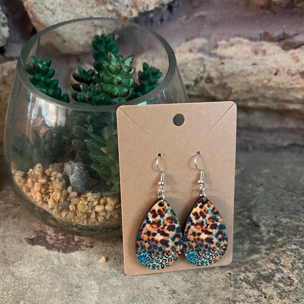 Leopard and blue water drop earrings